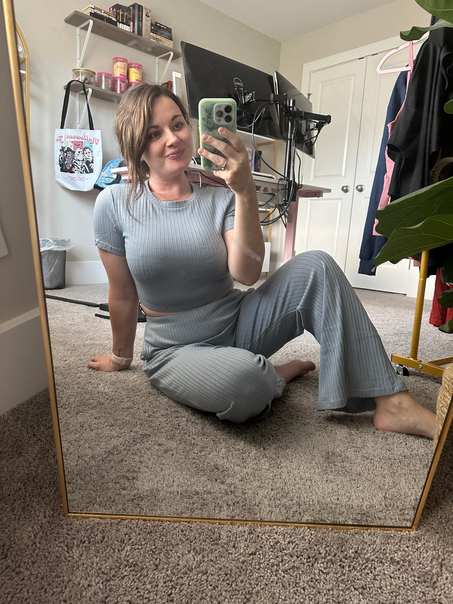 Ribbed Crop T-Shirt and Wide Leg Pants Lounge Set