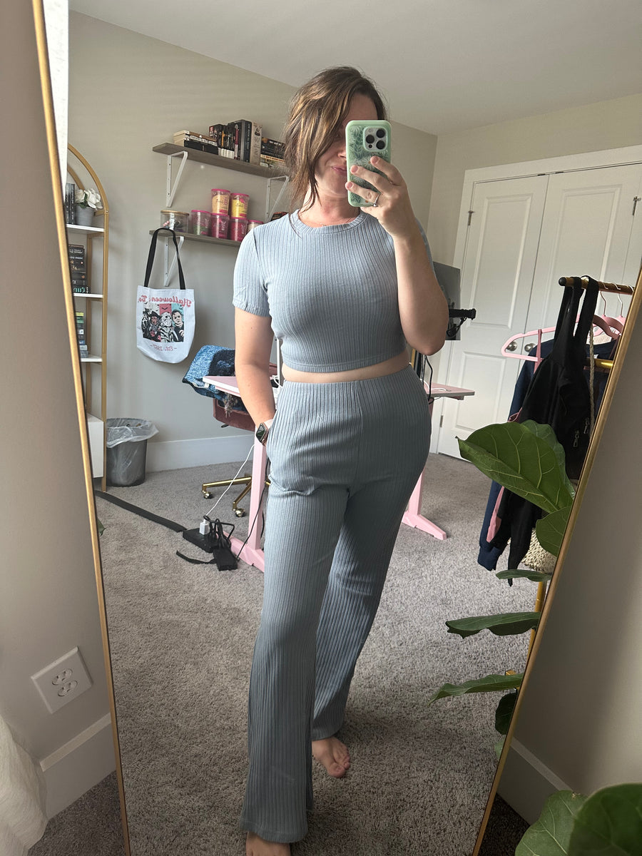 Ribbed Crop T-Shirt and Wide Leg Pants Lounge Set